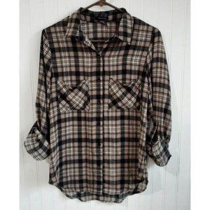 Timing Womens Medium Black Tan Plaid Button Up Blouse Front Pockets Oversized‎